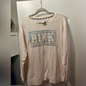 L White/Crème PINK sequin crewneck sweater